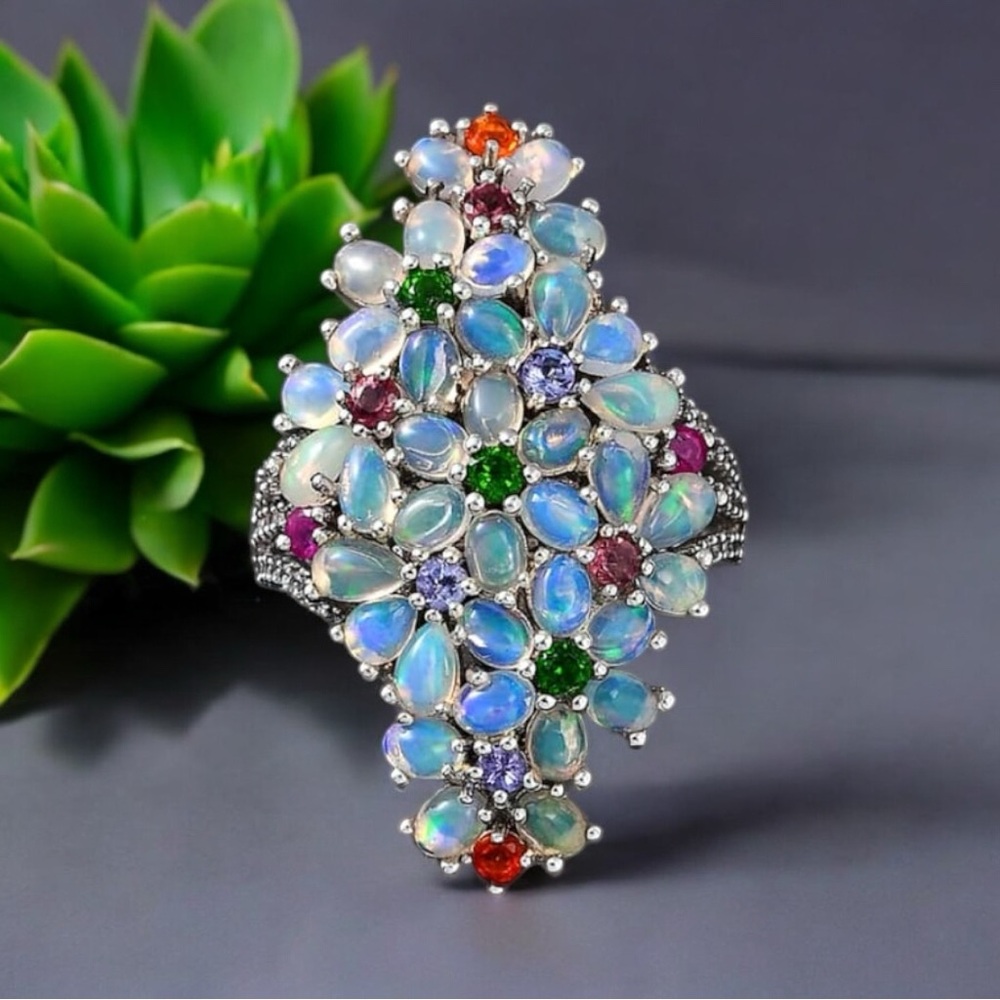 RARE Ethiopian Welo Opal & Multi-Gemstone Floral Sterling Silver Ring 5.35ctw